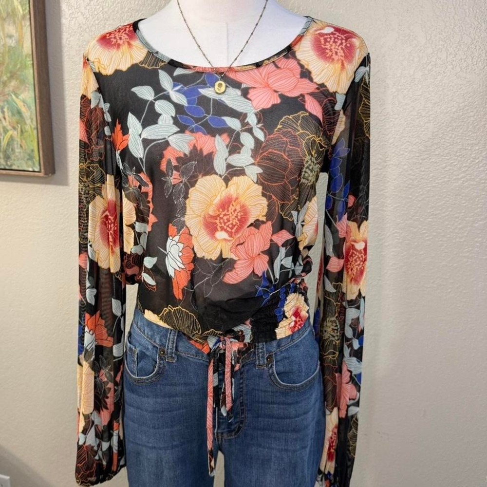 Willow & Root Sheer Floral Tie Front Long Sleeve‎ Top (XS, Fits S/M)